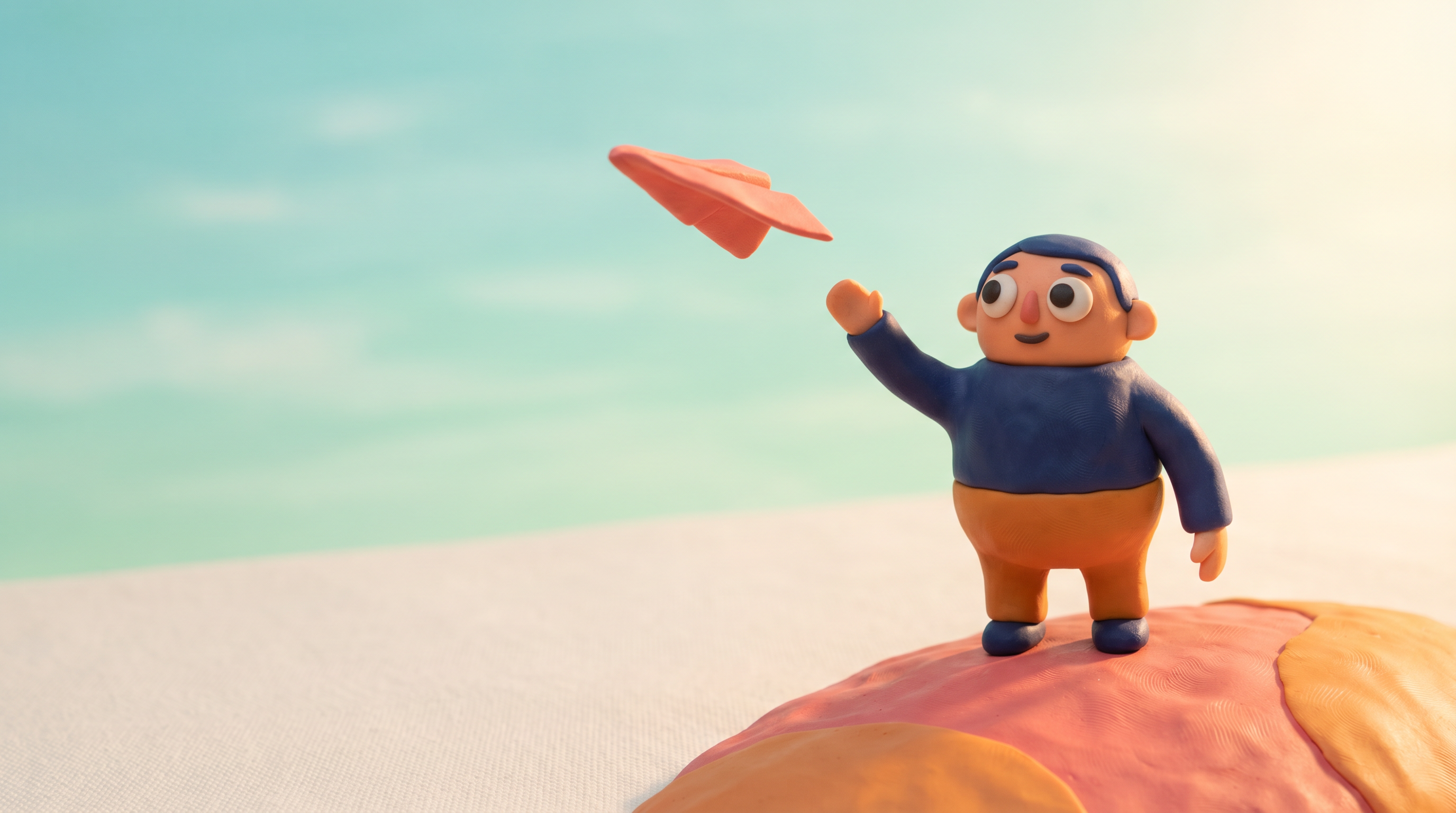 Claymation character releasing a paper airplane