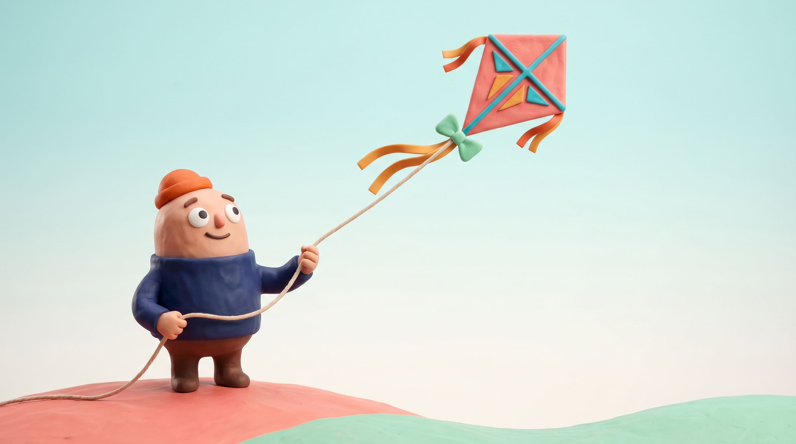 Claymation character flying a kite